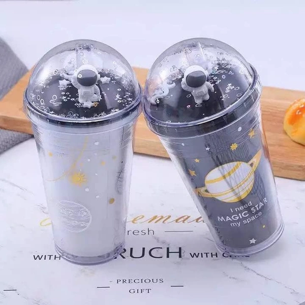 Sipper Bottle Space and Astronaut Straw, Water Sipper Tumbler Glass with Straw Space Galaxy Planet Astronaut Sipper Sparkle Design