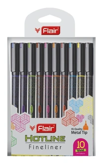 FLAIR Hotline Fineliner Metal Tip Pen | Tip Size 0.7 to 1 mm | Comfortable Grip | Fineliner Pens Set For Mandala, Sketching, Doodling, Journal and Outline | 10 Shades.|Multicolor