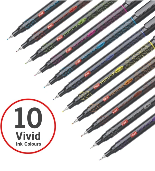 FLAIR Hotline Fineliner Metal Tip Pen | Tip Size 0.7 to 1 mm | Comfortable Grip | Fineliner Pens Set For Mandala, Sketching, Doodling, Journal and Outline | 10 Shades.|Multicolor