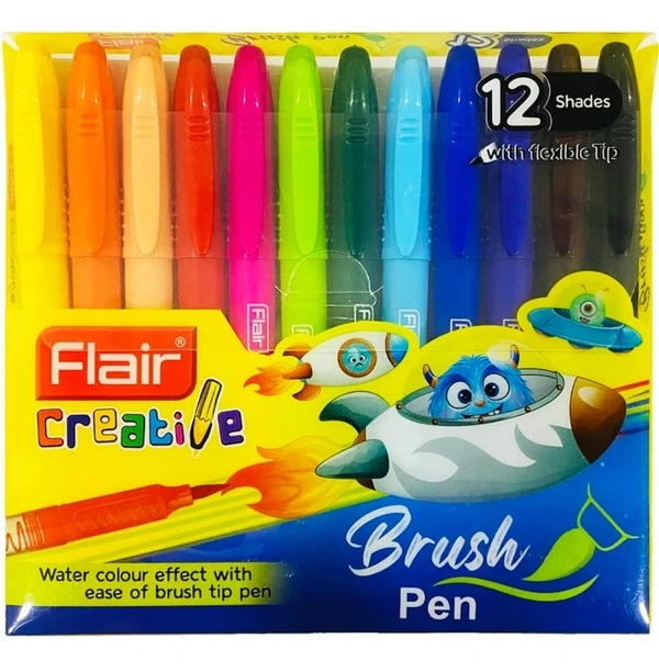 FLAIR Creative Brush Pen With Flexible Tip | Watecolour Effect & Smudge Free Writing | Non-Toxic & Safe For Childrens | A Great Tool For Lettering & Calligraphy | Set of 12 Bright Shades