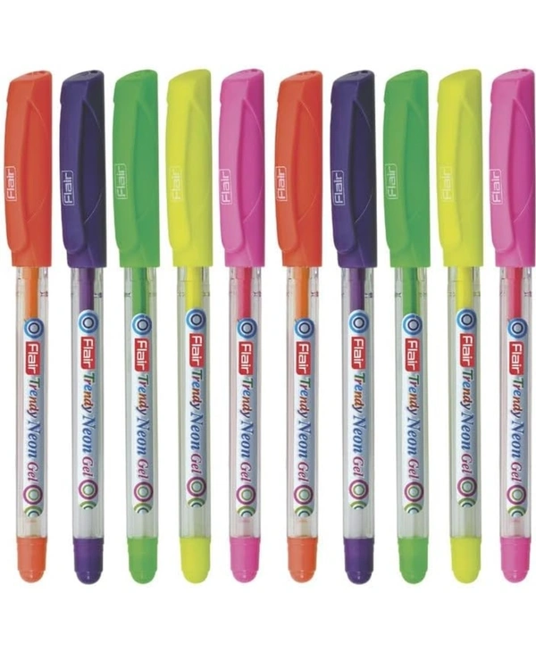 FLAIR Trendy Neon Gel Pen Pouch Pack | Refillable Ink With Smooth And Comfortable Writing | Sleek Design With Ergonomic Grip For Easy Handling | 5 Neon Ink Colors, Pack Of 10 Pens