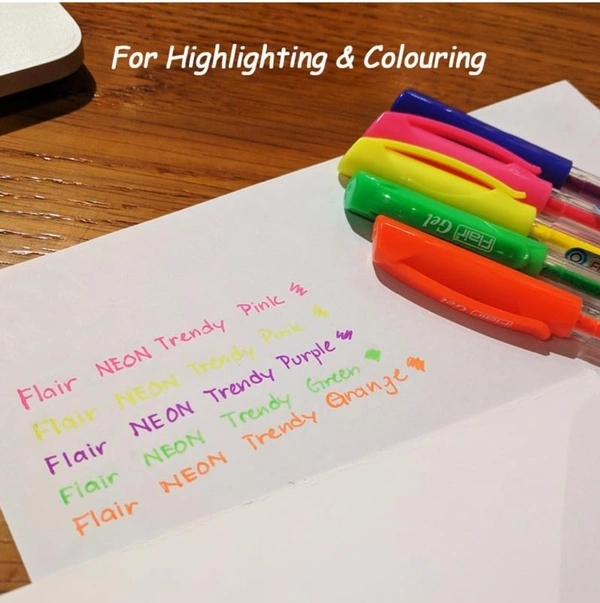 FLAIR Trendy Neon Gel Pen Pouch Pack | Refillable Ink With Smooth And Comfortable Writing | Sleek Design With Ergonomic Grip For Easy Handling | 5 Neon Ink Colors, Pack Of 10 Pens