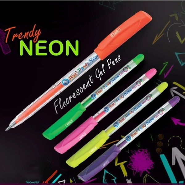 FLAIR Trendy Neon Gel Pen Pouch Pack | Refillable Ink With Smooth And Comfortable Writing | Sleek Design With Ergonomic Grip For Easy Handling | 5 Neon Ink Colors, Pack Of 10 Pens