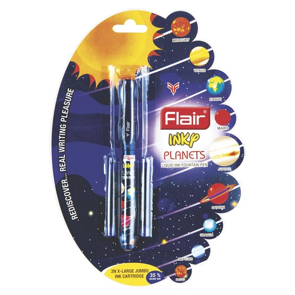 FLAIR Inky Series Planets Liquid Ink Fountain Pen Blister Pack (2 Pieces X-Large Jumbo Cartridges Free) - Blue