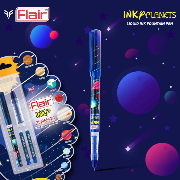 FLAIR Inky Series Planets Liquid Ink Fountain Pen Blister Pack (2 Pieces X-Large Jumbo Cartridges Free) - Blue