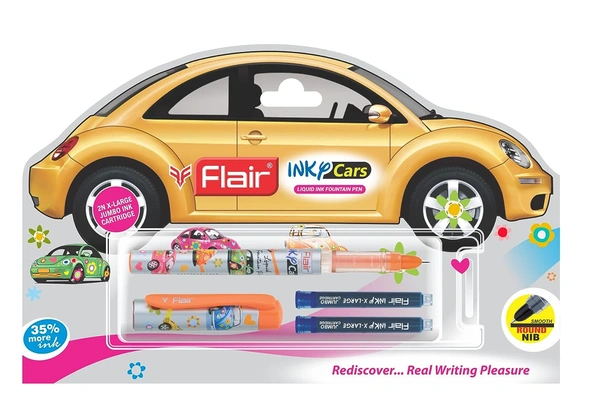 FLAIR Inky Series Cars Liquid Ink Fountain Pen Blister Pack (Free 2 Pieces X-Large Jumbo Cartridges) - Blue