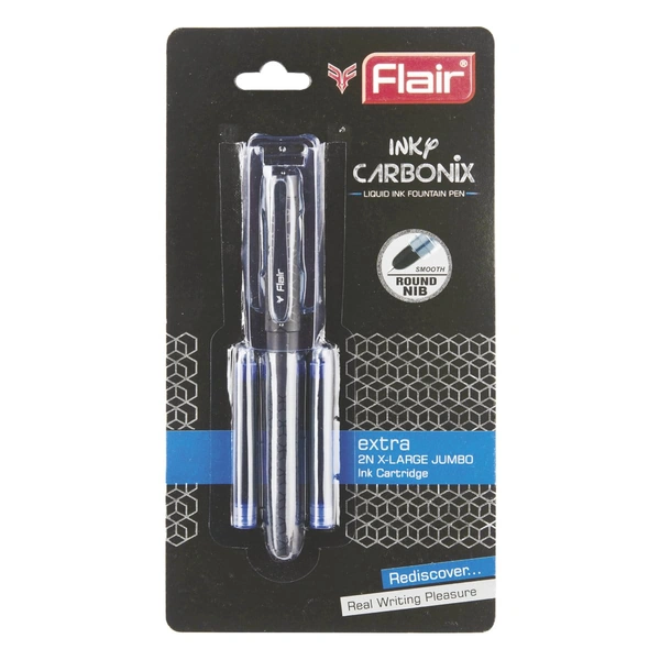 FLAIR Inky Series Carbonix Liquid Ink Fountain Pen Blister Pack (Free 2 Pieces X-Large Jumbo Cartridges) - Blue