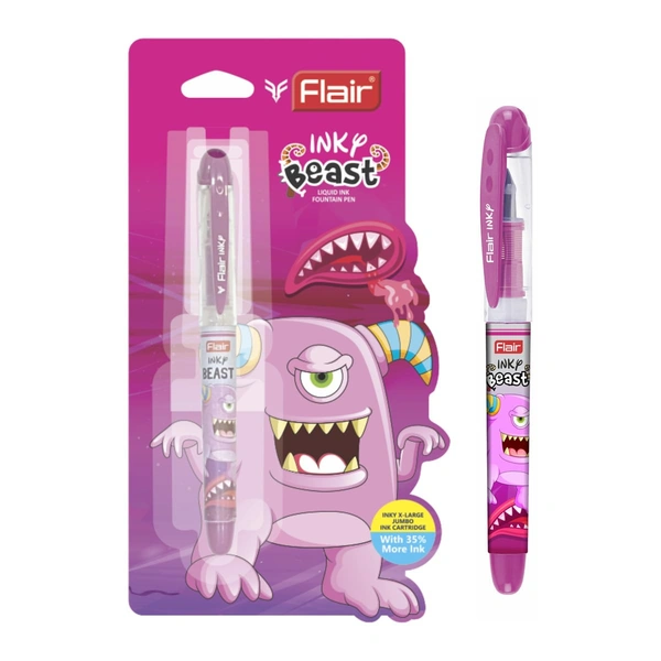 FLAIR Inky Beast Liquid Ink Fountain Pen Blister Pack (Free 2 Pieces X-Large Jumbo Cartridges) - Blue