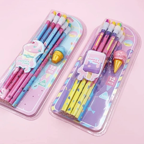 12pc Wooden Pencil W/Icecream Eraser Set