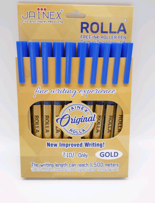 Jainex Rolla Gold Roller Ink Pen (10pc Pack) - Blue