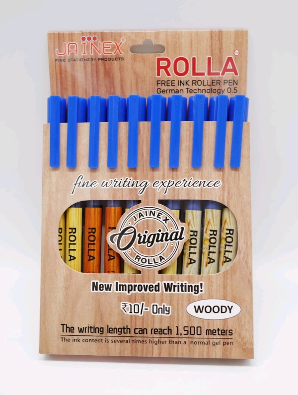 Jainex Rolla Woody Roller Ink Pen (10pc Pack) - Blue