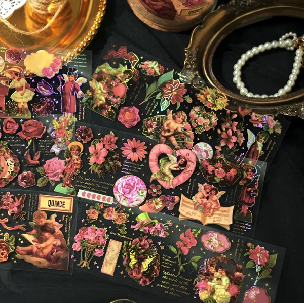 Journaling Sticker Retro Type of Floral Theme Sheet Sticker Set (4 Sheets)