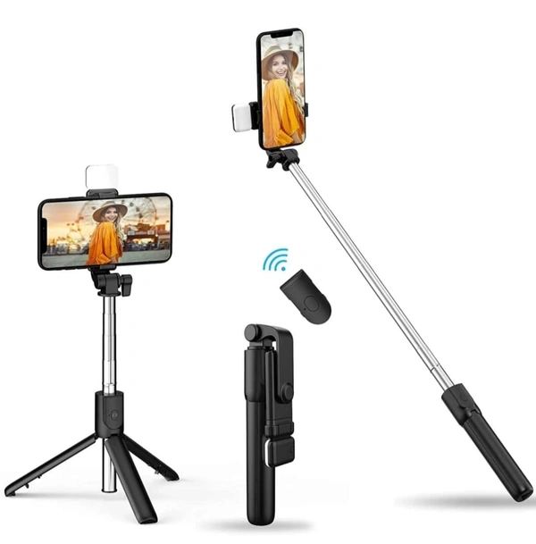  Bluetooth Selfie Stick Detachable Remote and LED Flash Light (Wireless) Portable Heavy Duty Light Weight and 3 in 1 Multifunctional Selfie Stick Tripod Stand Compatible with all Mobile Phones (Black) - Black