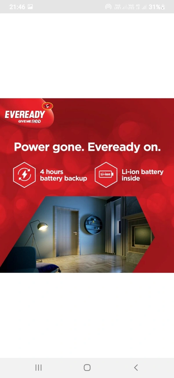 EVEREADY 9w Inverter Bulb 4hrs Emergency Light White