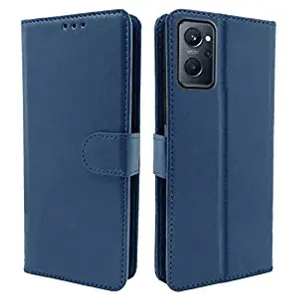 Pikkme Realme 9i Flip Case Leather Finish | Inside TPU with Card Pockets | Wallet Stand and Shock Proof | Magnetic Closing | Complete Protection Flip Cover for Realme 9i (Blue) - Free Size