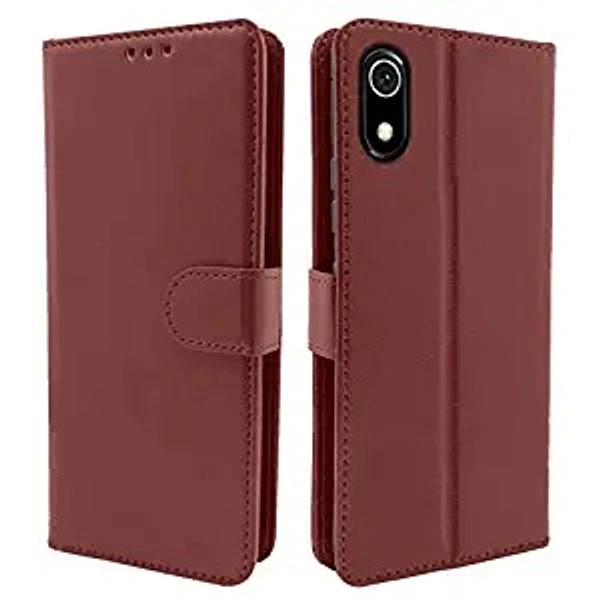 Pikkme Mi Redmi 7A Flip Case Leather Finish | Inside TPU with Card Pockets | Wallet Stand and Shock Proof | Magnetic Closing | Complete Protection Flip Cover for Mi Redmi 7A (Brown) - Free Size