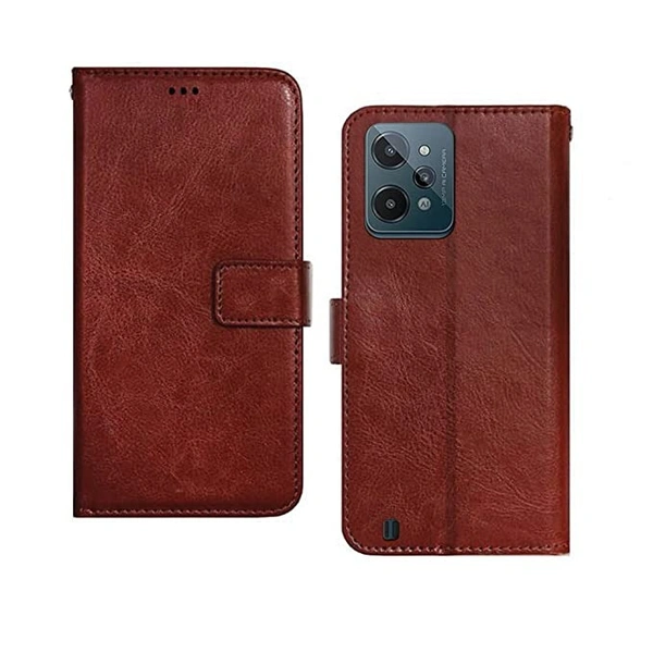 pinaaki Enterprises Realme C31 Flip Case | Premium Leather Finish Flip Cover | with Card Pockets | Wallet Stand |Complete Protection Flip Cover for Realme C31 - Brown - Free Size