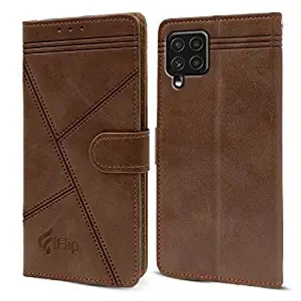 Jkobi Flip Cover Case for Samsung Galaxy A22 4G (Professional Line Pattern| Magnetic Closure | Inner TPU | Inbuilt Stand & Pockets | Office Wallet Style Flip Cover | Brown) - Free Size