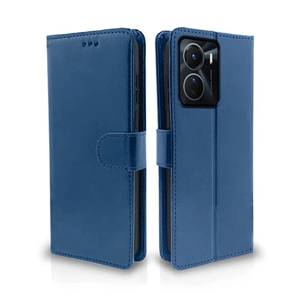 SamarVivo Y16 Flip Case Leather Finish | Inside TPU with Card Pockets | Wallet Stand and Shock Proof | Magnetic Closing | Complete Protection Flip Cover (Blue) - Free Size