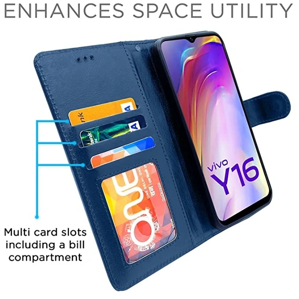 SamarVivo Y16 Flip Case Leather Finish | Inside TPU with Card Pockets | Wallet Stand and Shock Proof | Magnetic Closing | Complete Protection Flip Cover (Blue) - Free Size