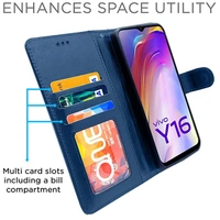 SamarVivo Y16 Flip Case Leather Finish | Inside TPU with Card Pockets | Wallet Stand and Shock Proof | Magnetic Closing | Complete Protection Flip Cover (Blue) - Free Size