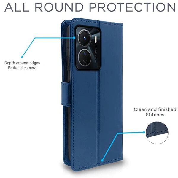 SamarVivo Y16 Flip Case Leather Finish | Inside TPU with Card Pockets | Wallet Stand and Shock Proof | Magnetic Closing | Complete Protection Flip Cover (Blue) - Free Size