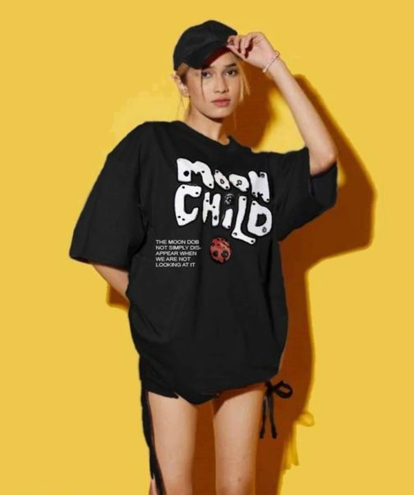 Mayali Oversized Black T-shirt Cotten blend  - Black, L, Oversized T-shirt
