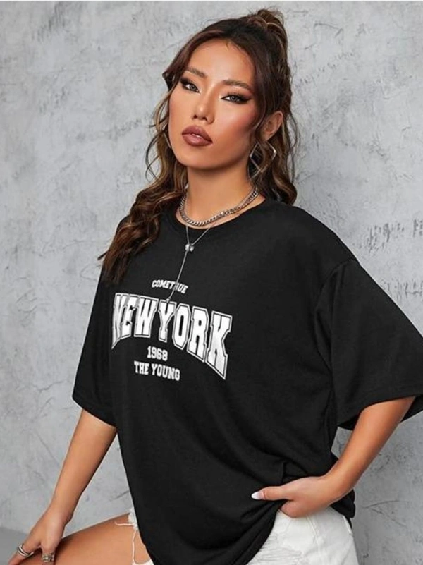 Women Black Printed Oversized Tshirt Cotton blend  - Black, Oversized T-shirt, L