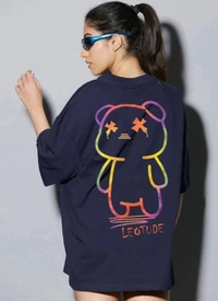 LEOTUED Round Neck Navy Blue Highlight Printed Tshirt  - L