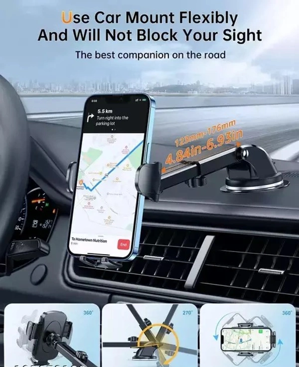 Car Mobile Holder for Dashboard, Windshield, Anti-slip, Clip (HQ) - Free Size
