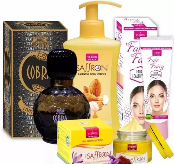 VI-JOHN Women Care Kit (SAFFRON HALDI CHANDNA CREAM & FAIR & FAIRY & Perfume COBRA 60ML & Body Lotion Milk Almond) (4 Items in the set)