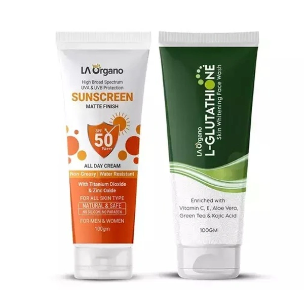 LA Organo L- Glutathione Face Wash & Sunscreen Matte Finish All Day Cream for Men & Women (Pack of 2) 200 G