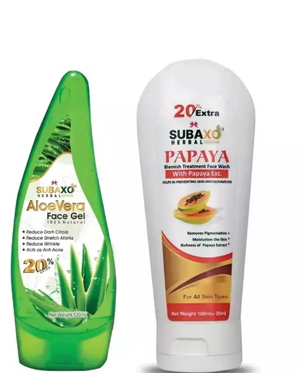 SUBAXO Herbal Aloe Vera Face Gel - Reduce Dark Circle - Act As Anti Acne - Glycerine Based -(120ml) AND Neem Face Wash - Deep Clean - Anti Pimple - Glycerine Based - Reduce Blackheads -100 ml - Combo Pack For Women & Men