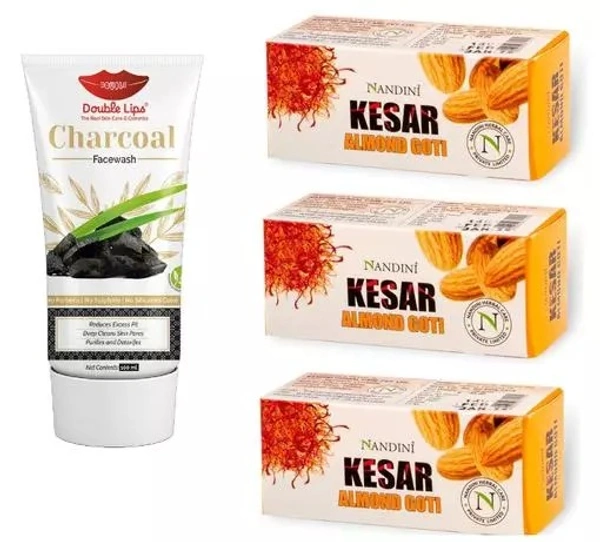 Nandini Kesar Almond Goti Facial soap For Man & Women, 25g. (Pack of 3) With Face Care Soap Free Activated Charcoal Face Wash 100 ml