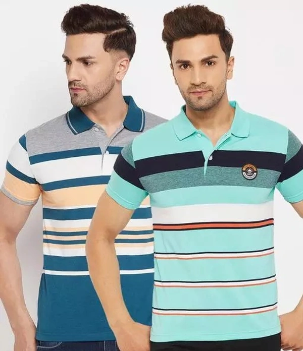 First Krush Men's Cotton Multicolor Striped Half Sleeves Polo Collar Tshirt (Pack of 2)