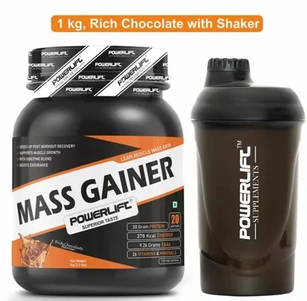 Mass Gainer 1KG with Shaker, Rich Chocolate, 20G Protein, 71G Carbs, 4.3G BCAAs | Raw Whey from USA | For Lean Muscle Gain | With Digezyme Blend, added Multivitamins & Minerals - 1kg