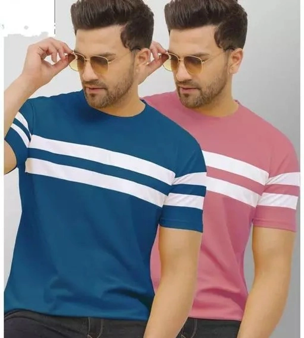 Men's Half T-shirt""""" Cotton Blend (Pink And Royalblue ) Casual Wear Striped T-shirts"""""Combo Pack Of 2 - XL