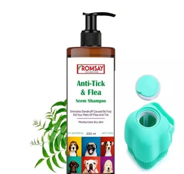 ROMSAY Anti-Tick & Flea Neem shampoo With Pet Bathing, Shampoo Dispenser, Gentle Body Scrub, Massage, Deep Cleaning Brush Pack Of 1