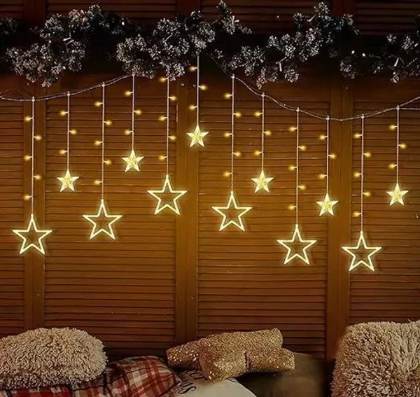 Samar 12 Stars 108 Led Curtain String Lights Window Curtain Lights with 8 Flashing Modes of Decoration for Diwali, Christmas, Wedding, Party, Home, Patio Lawn (Star Warm White) - Free Size