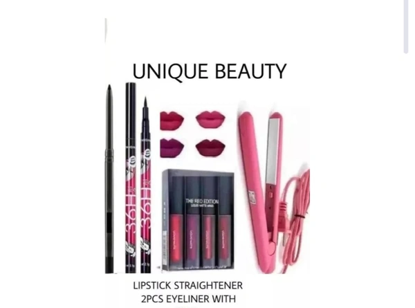 GMG Red Edition Liquid Lipstick With Hair Straightener With 2pcs Eyeliner With 1pcs Deep Black Eye - Free Size