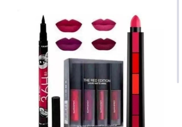 GMG Beauty 5IN1 Creamy Lipstick+Liquid Matte Mini Lipstick 4pcs Red Edition,36hours - Free Size
