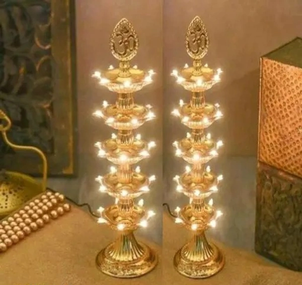 5 Layer Electric Diya Deepak Light Pooja Diya LED Light Mandir Diya for Home Temple Decor Electric Diya Plastic ( Pack of 2 ) Table Diya ( Height : 14 inch ) - Free Size
