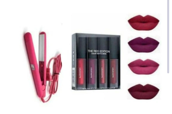 Mini Pink Plastic Hair Straightener For Hair Styling, Hair Straightening With 4in 1 Red Edition Matte Minis Lipstick -pack Of 5 - Free Size