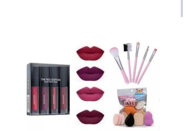 Red Edition Lipstick Pack Of 4 And 6 Pc Puff With 5pc Brush  - Free Size