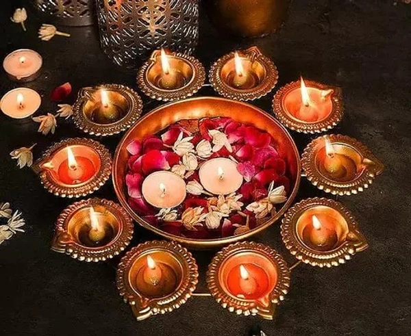  Decorative Metal Diya ( 10X2X10 inch )Traditional Diya Urli Tealight Holder Golden Bowl for Floating Flowers and Tea Light Candles Home,Office and Table Decor Special - Free Size