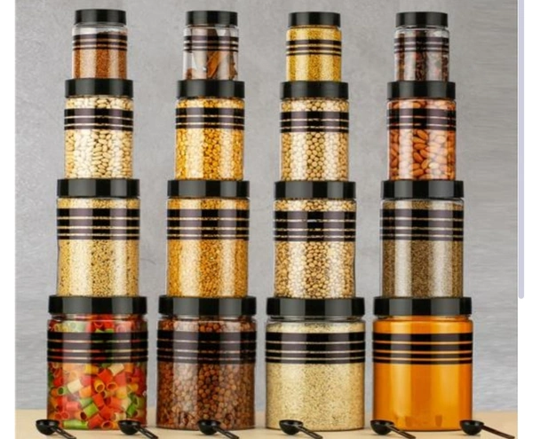 Line Printed Storage Jar And Container With 16 Pcs  Spoon (Free),set Of 16(4pcs ×1200mleach ,4 Pcs ×650ml Each  - Free Size