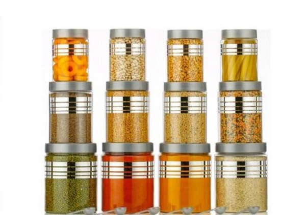 FEEDNIX NEW LOUNCH PRINTED LINE KICHEN GROCERY CONTAINER WITH SPOON 1200ML,650ML,350ML (SET OF 12 , SILVER) - Free Size