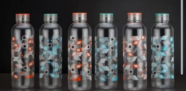 Set Of 6 Transparet Printed Plastic Black Water Bottle for Fridge, Home, Office, Gym & School Boy, 1000 Milliliters Bottle - Free Size