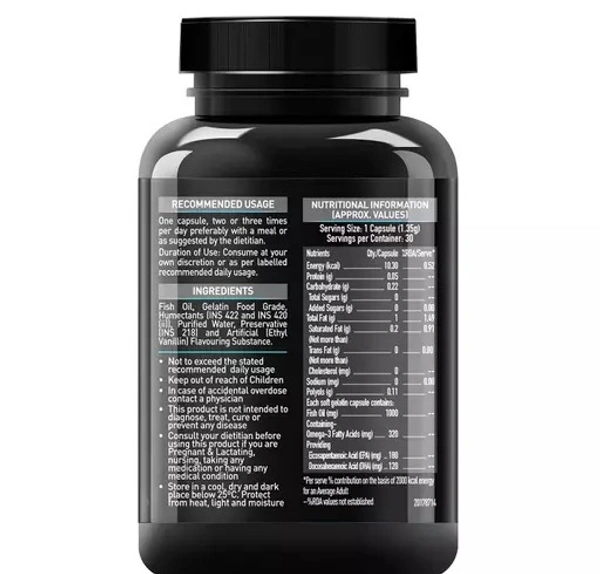 3 Fish Oil 1000 mg, India's Only Labdoor USA Certified for Purity & Accuracy with 180 mg EPA and 120 mg DHA, 30 Capsules