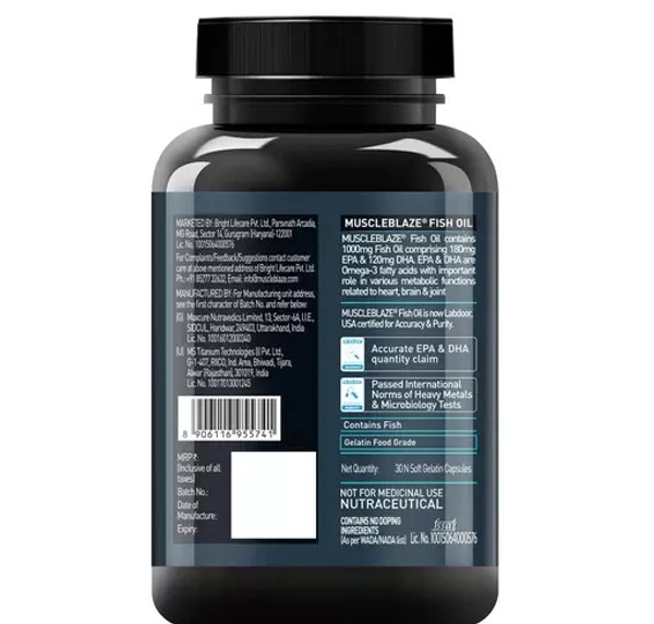 3 Fish Oil 1000 mg, India's Only Labdoor USA Certified for Purity & Accuracy with 180 mg EPA and 120 mg DHA, 30 Capsules